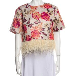 LE SUPERBE Floral Print Bateau Neckline Blouse with ostrich feather